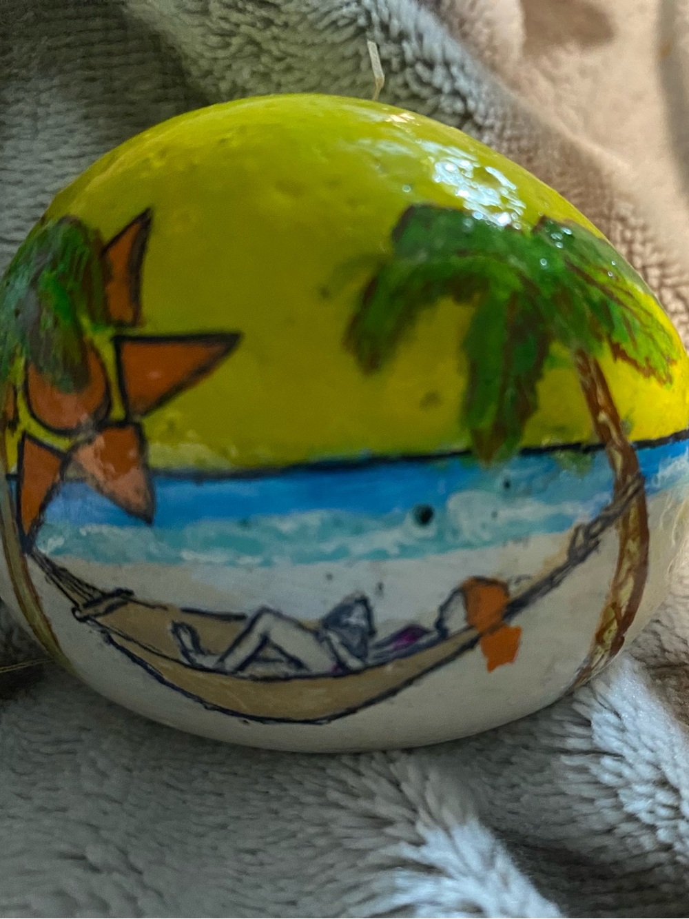 Rock Art Hand-Painted Yellow Beach Scene on Natural stone